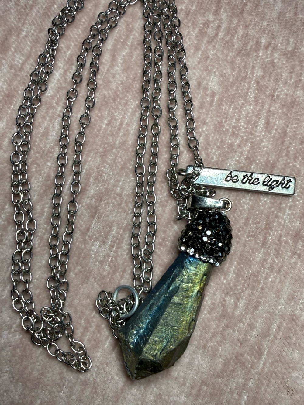 Be the Light Silver Chain Necklace with Iridescent Blue-Green Crystal Pendant